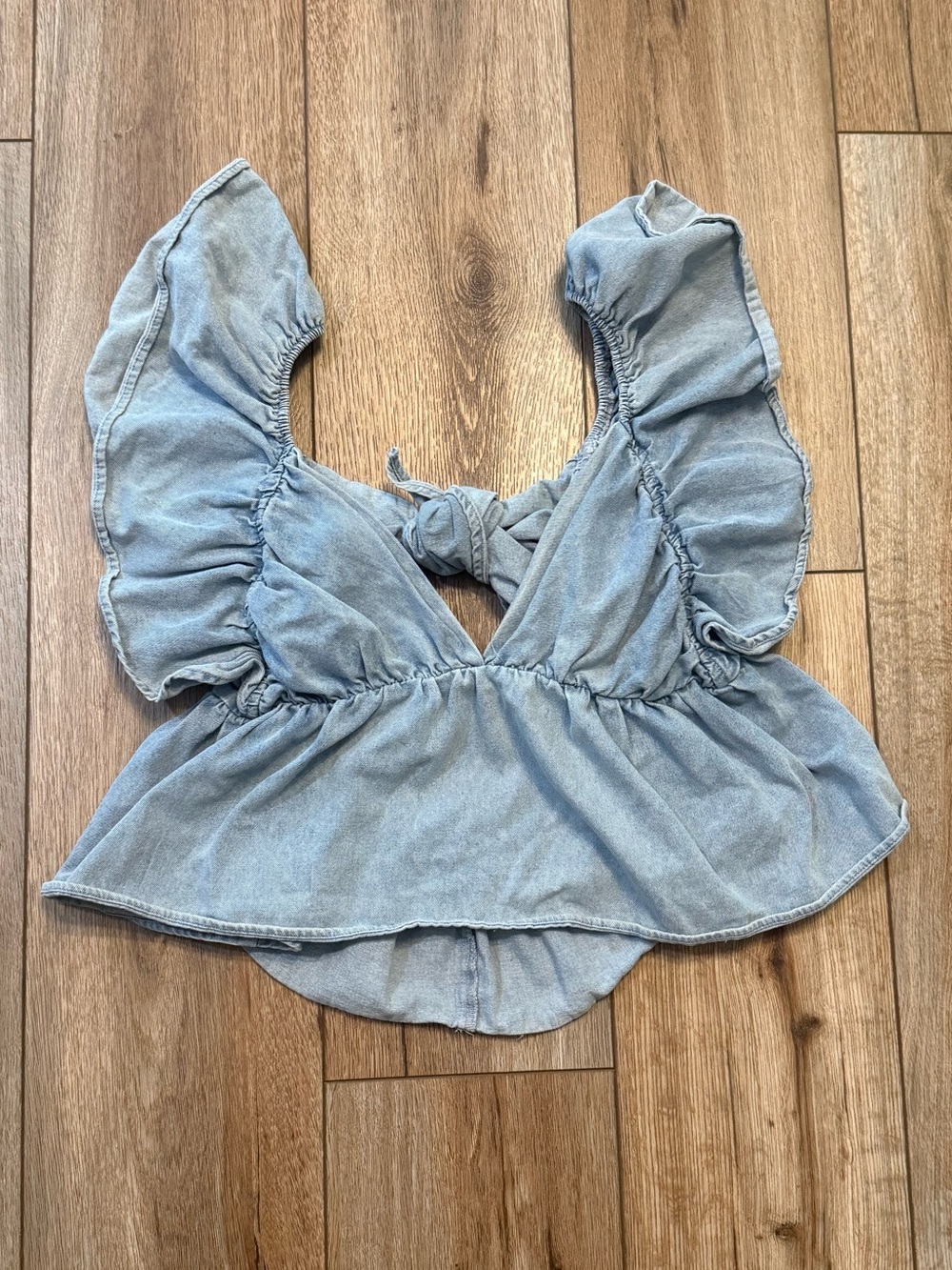 Light Blue Denim Ruffle Tie-Back Crop Top - Women